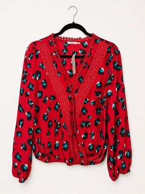 Francesca's Collections Red Leopard Print V-Neck Lace Trim Blouse